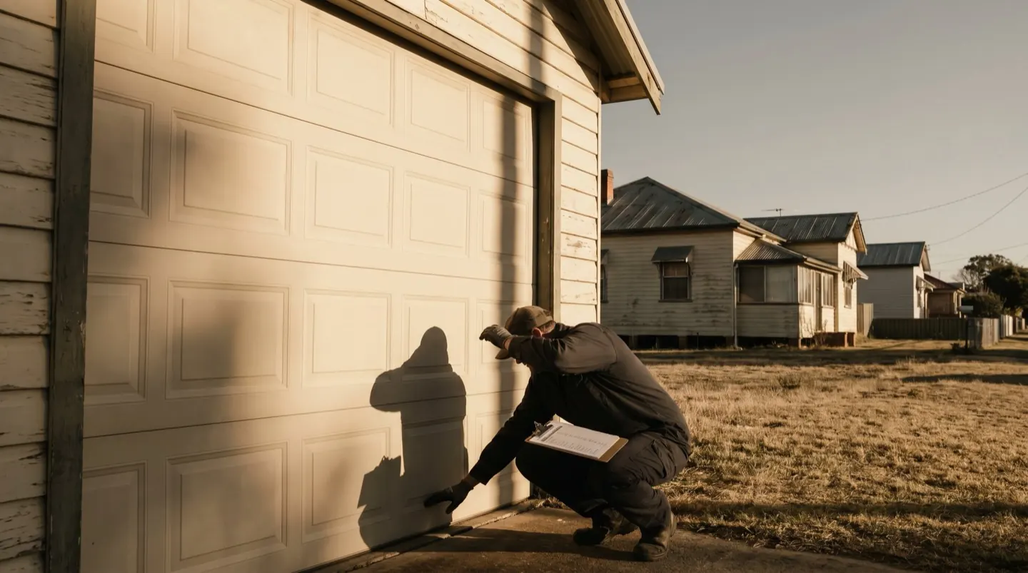 A technician crouched at the base of a garage door, checking the bottom panel against a written checklist