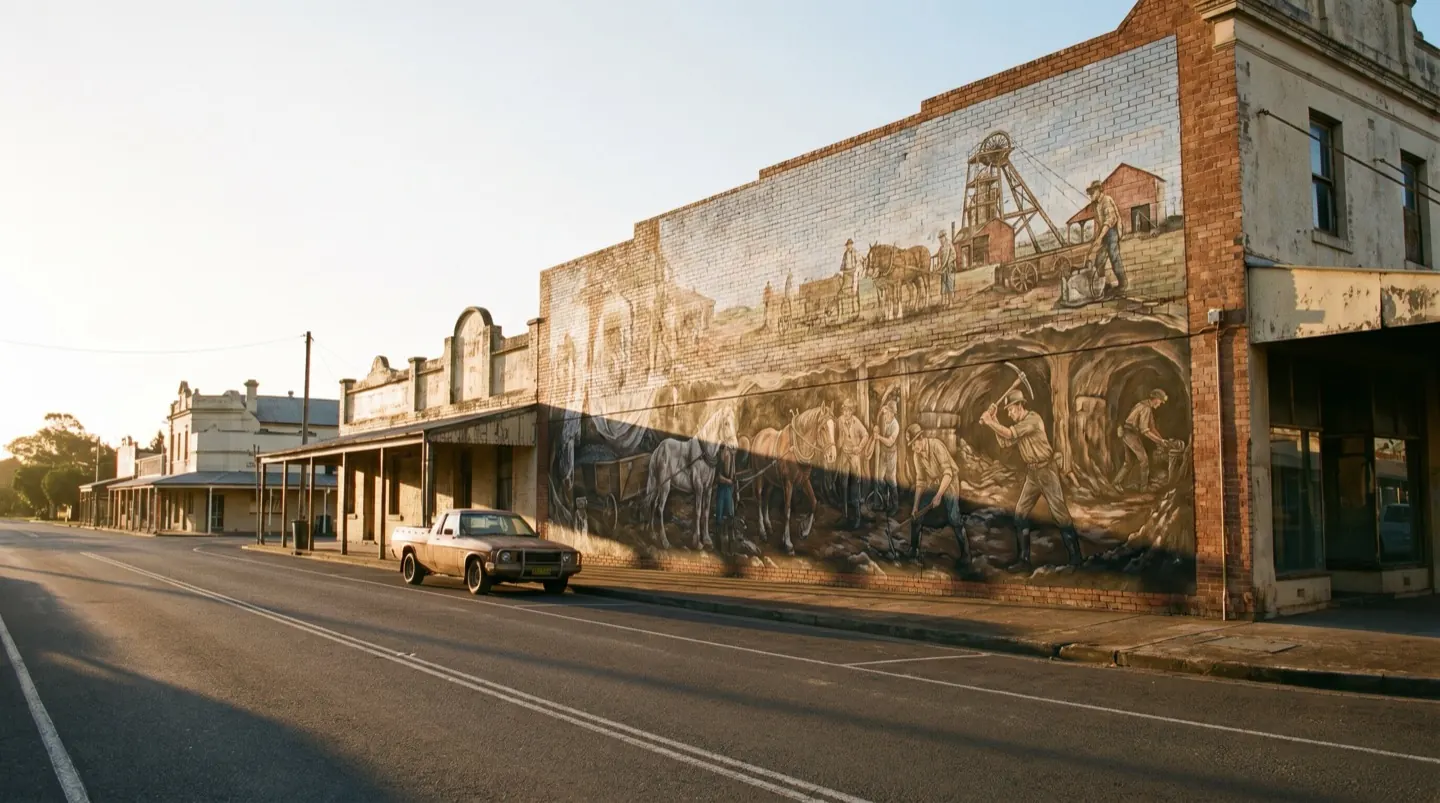 A painted mural of coal miners on the side wall of a country town building, seen across a wide street