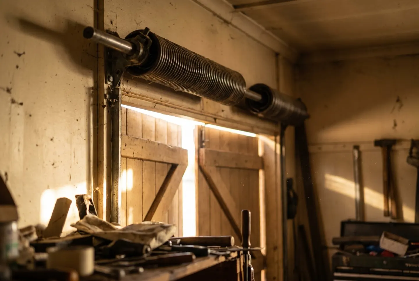 A torsion spring on its shaft above the door opening in an old garage, lit by morning light