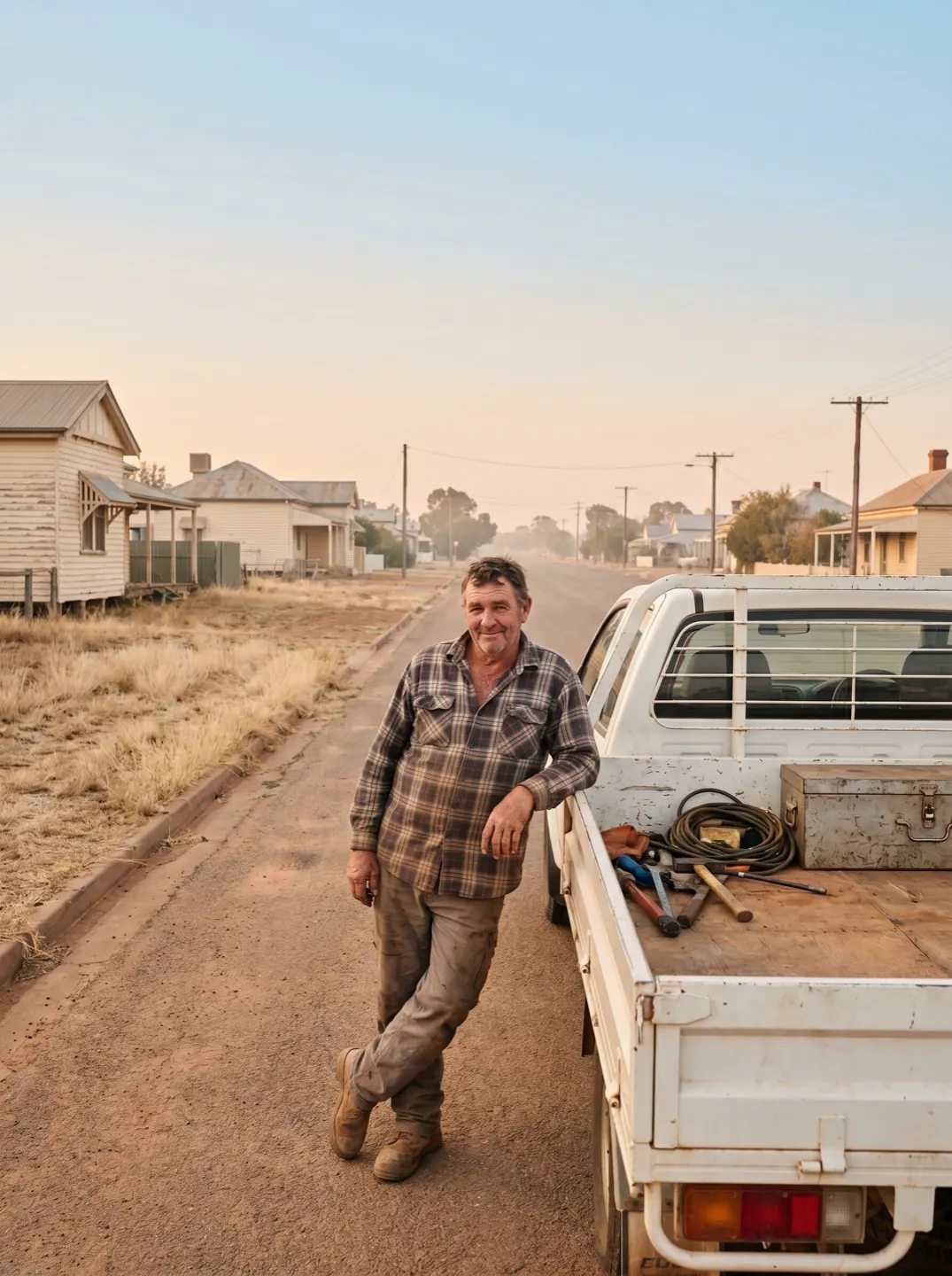 A technician standing at the tray of a white work ute on a wide, quiet street of weatherboard houses