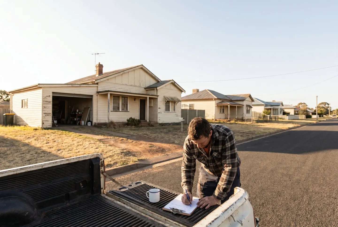 A technician writing an itemised checklist on a clipboard resting on a ute tailgate, a mug of tea beside it